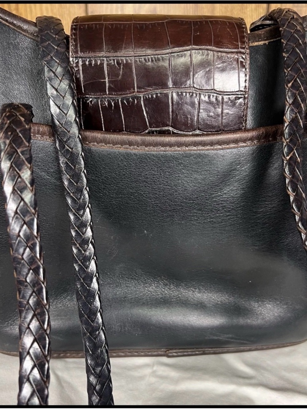 BRIGHTON Black Brown Croc Leather Bucket Shoulder Handbag Satchel Purse Bag - Picture 7 of 10